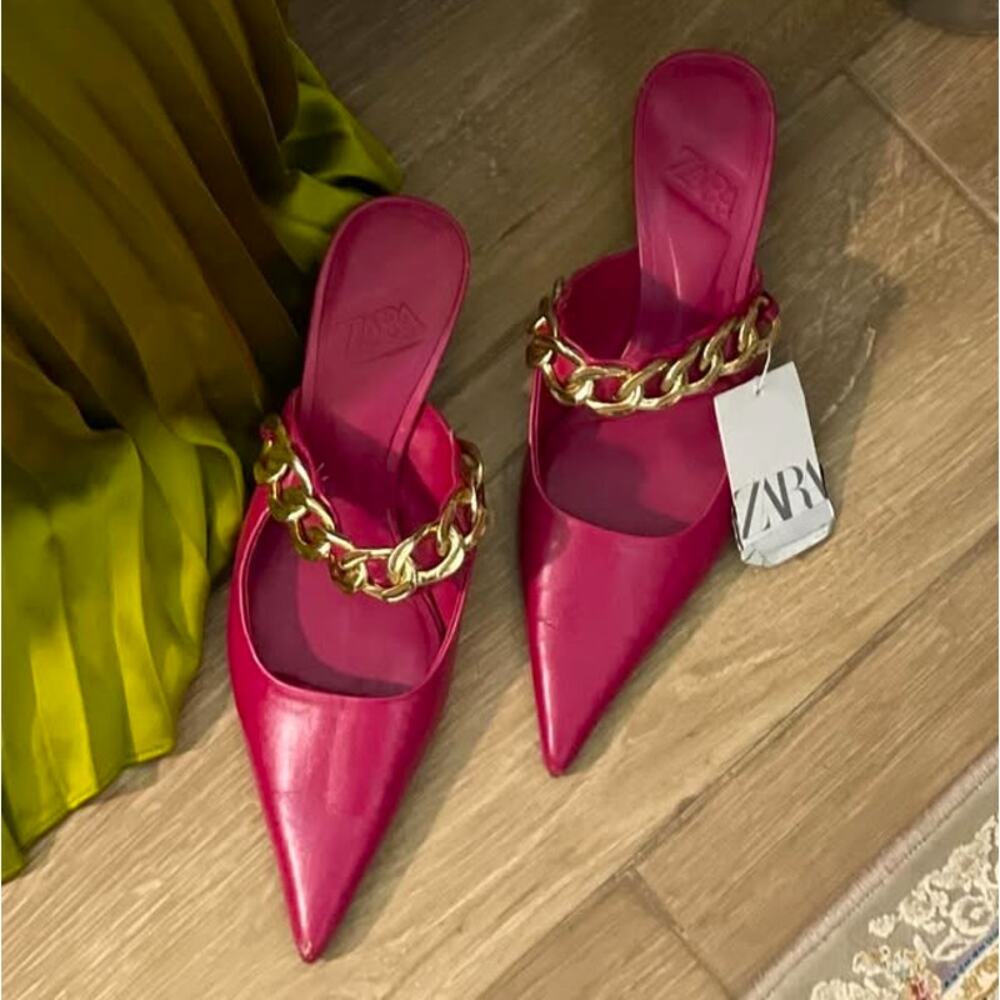 ZARA Pink Chain Strap Mule Heels NWT Pointed Toe Kitten Heel Pumps Size 8 - Picture 6 of 16